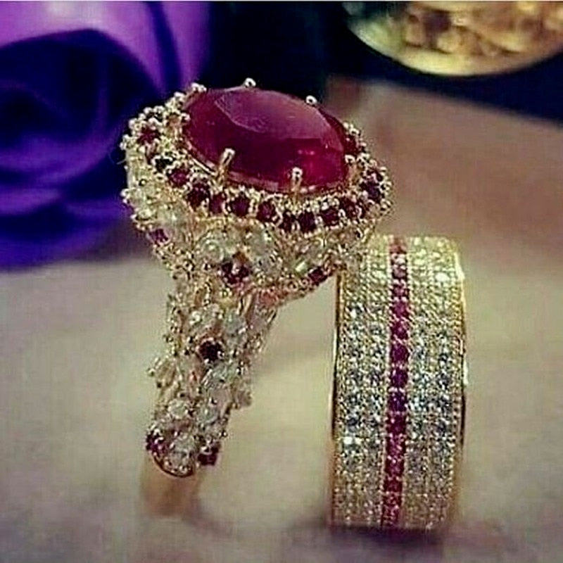 Fashion Inlaid Zircon Red Crystal Wedding Rings Set