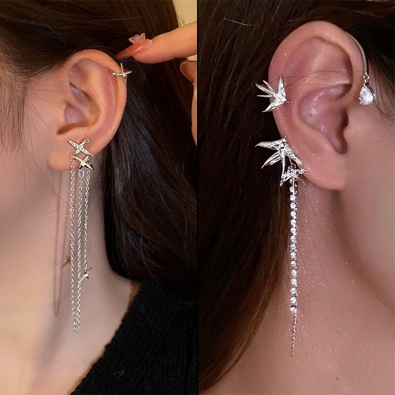 Animal Birds Tassel Women Earrings Clip Ear Cuff