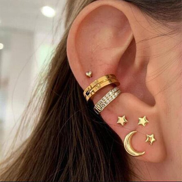 Retro Sun and Moon Ear Clip Set Old-Fashioned Geometric Star Ear Cuffs