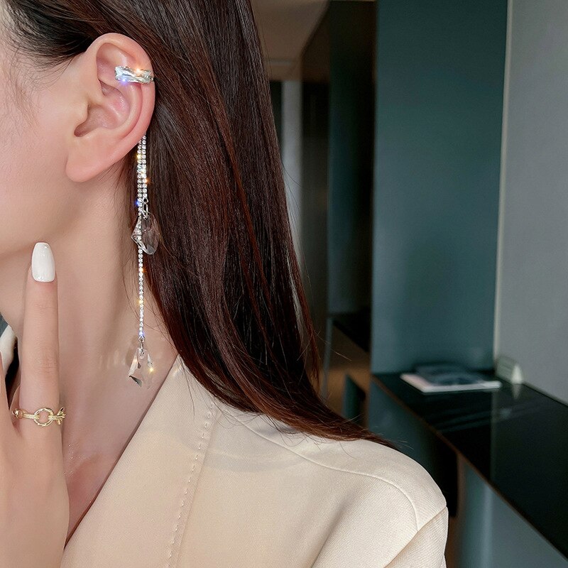 Fashion Korean Rhinestone Water Drop Cuff Earrings