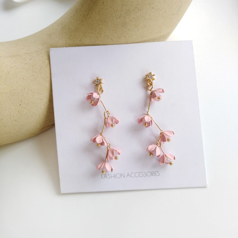 Long Rhinestone Crystal Pink Sakura Flower with Zircon Clip Earrings