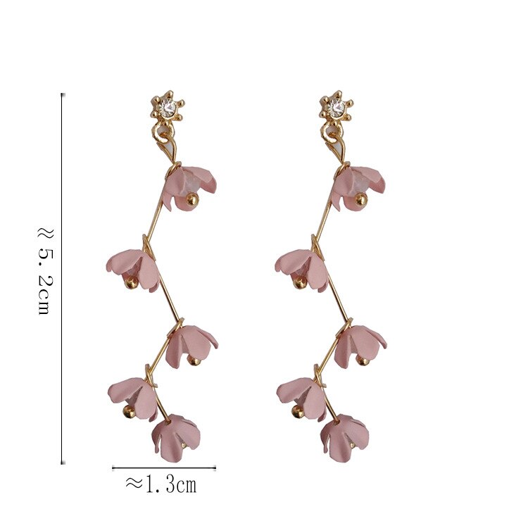 Long Rhinestone Crystal Pink Sakura Flower with Zircon Clip Earrings